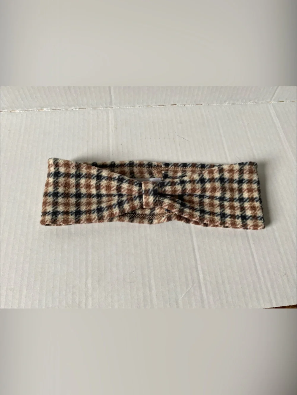 Lands' End Brown and Cream Plaid Knit Twist Headband